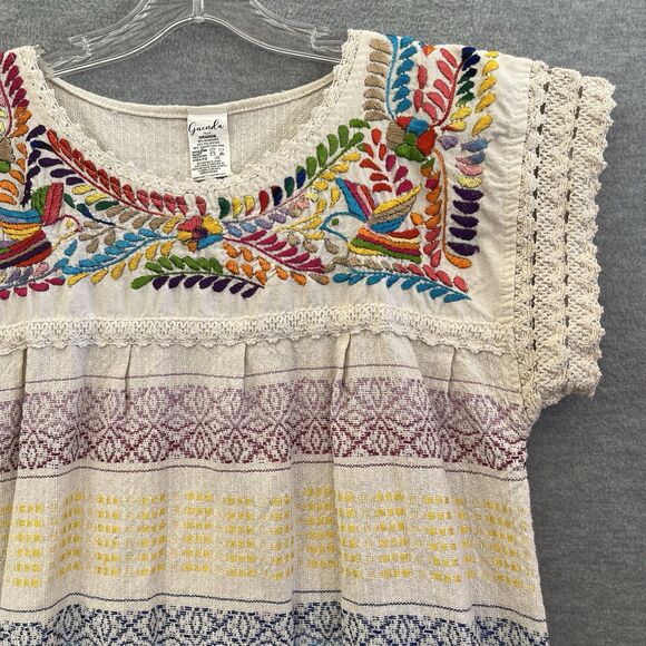 Guenda Mexican Hand Embroidered Huipil Top Size L Folk Art Colorful Crochet Boho - Picture 6 of 12
